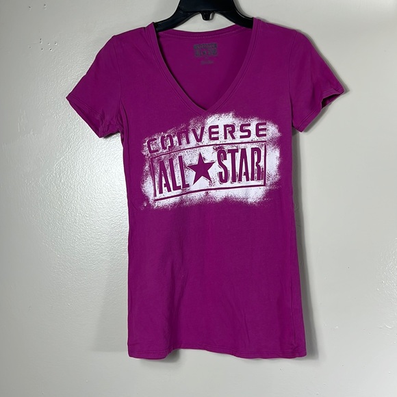 Converse All Star purple with white graphic logo T-shirt women’s size S - Picture 1 of 7